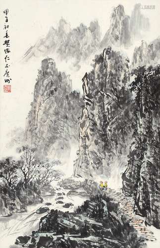 黄安仁 甲子（1984年）作 山水 立轴 设色纸本