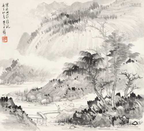 黄君璧 庚子（1960年）作 山水 镜框 水墨纸本
