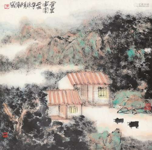 李东伟 乙亥（1995年）作 云里家园 镜片 设色纸本