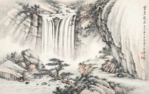 黄君璧 戊戌（1958年）作 云崖观瀑 镜片 设色纸本