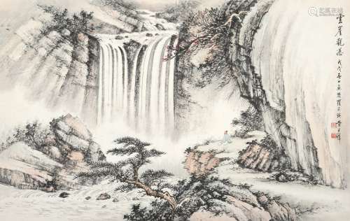 黄君璧 戊戌（1958年）作 云崖观瀑 镜片 设色纸本