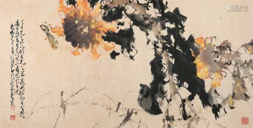 赵少昂 庚戌（1970年）作 向日葵上的螳螂 镜框 设色纸本