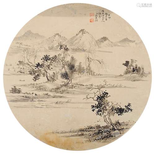 温其球 辛卯（1891年）作 山水 镜框 水墨绢本