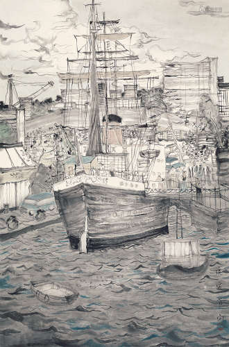 方向 庚寅（2010年）作 海港 镜片 设色纸本