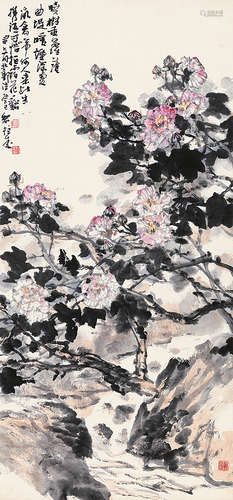 黎柱成 癸巳（2013年）作 芙蓉花溪 镜框 设色纸本