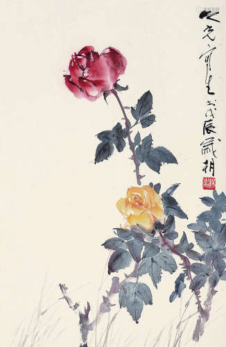 杨之光 戊辰（1988年）作 玫瑰花 镜片 设色纸本