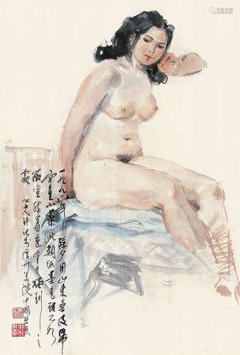 杨之光 1991年作 女人体写生 镜框 设色纸本