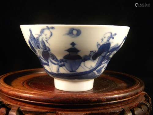 ANTIQUE CHINESE BLUE AND WHITE PEOPLE BOWL, MARKED