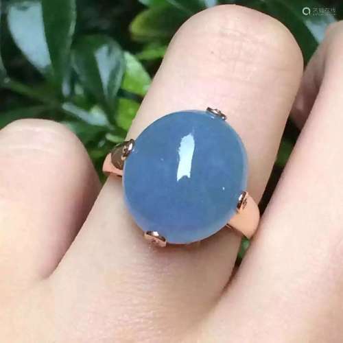 Natural 18K Yellow Gold Blue Jadeite Ring