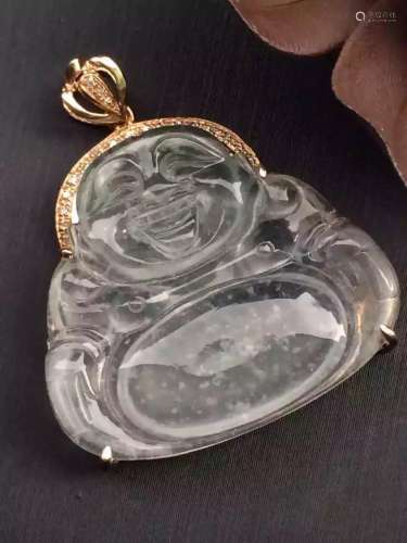 18K Gold Diamond Natural Jadeite Buddha Pendant