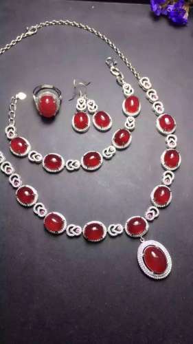 Set of Silver Red Stone Ring, Earrings and Bracelet