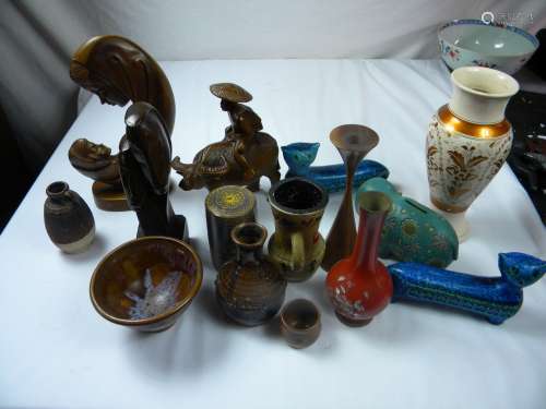 Group of Different Rosewood Carvings and Porcelains