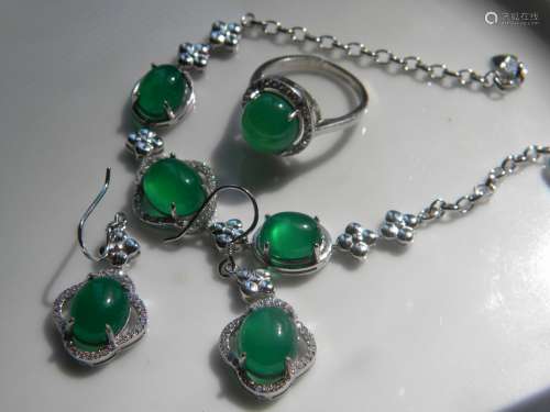 Set of Silver Green Stone Bracelet Earrings and Ring