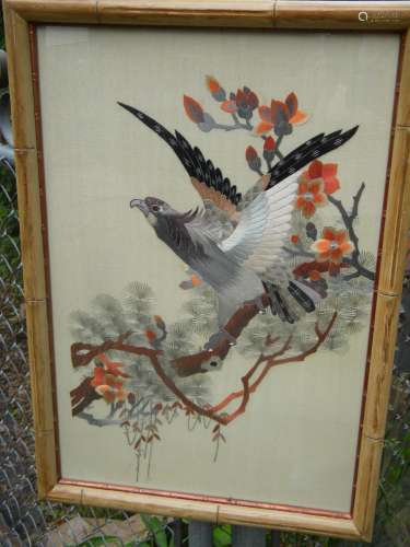 Vintage Chinese Embroidery on Silk Eagle Framed