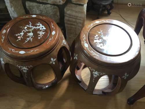 Pair of Antique Chinese Rosewood Stool with Shell Inlay