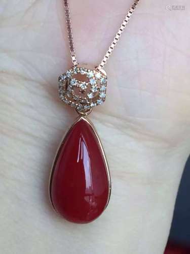18K Diamond Natural Red Coral Water Drop Pendant, weig