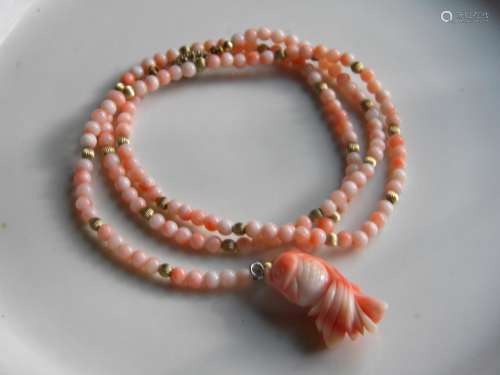 Natural Pink Coral Necklace with Gold Fish Pendant