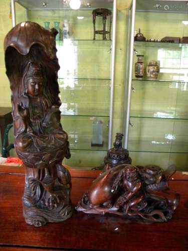 Two Rosewood Carved Guanyin and Boy Statues