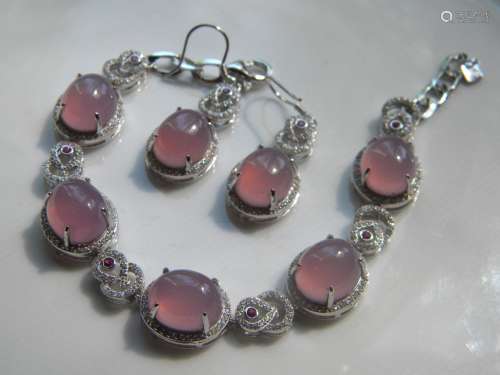 Set of Natural Pink Stone Silver Bracelet and Earrings