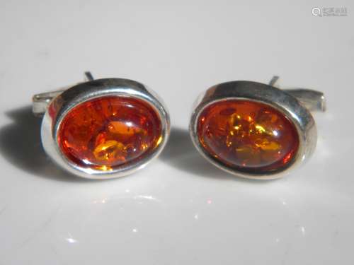 Pair of Natural Amber Silver Cuff Links