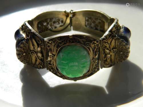 Antique Chinese Jadeite and Lapis Silver Bracelet Marke