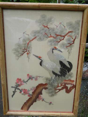 Vintage Chinese Embroidery on Silk Birds Framed