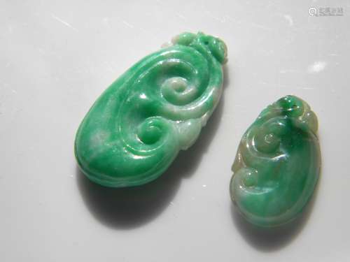 Two Natural Green Jadeite Ruyi Pendants