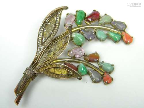 Antique Chinese Multi Stone Brooch Pin