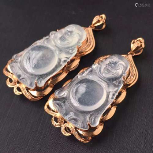 Pair of 18K Gold Diamond Natural Jadeite Buddha Pendant