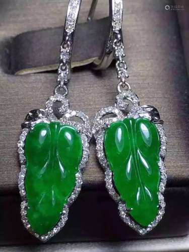 Pair of 18K Gold Diamond Natural Jadeite Leaf Earrings