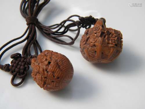 Pair of Antique Chinese Carved Nut Pendants