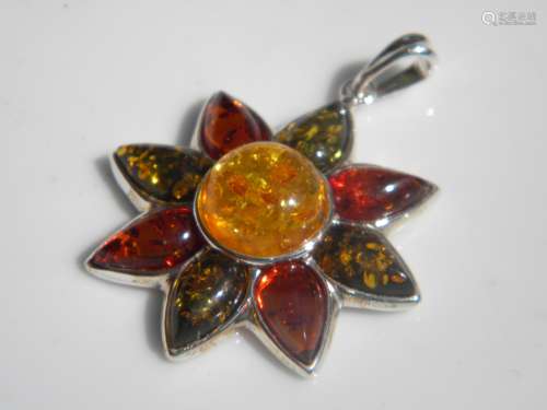 Natural Baltic Amber Silver Flower Pendant