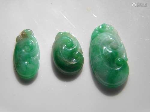 Three Natural Green Jadeite Ruyi Pendants