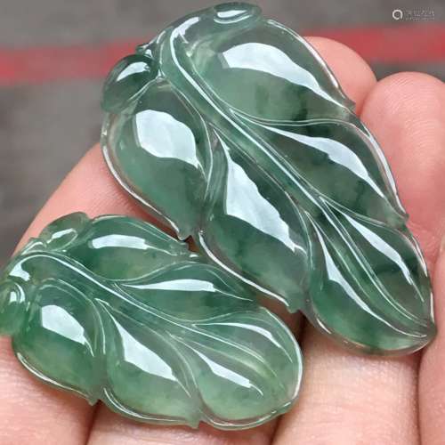 Pair of Natural Green Jadeite Leaf Pendant