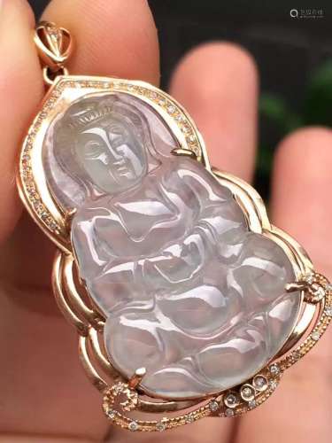 18K Gold Diamond Natural Jadeite Guanyin Pendant