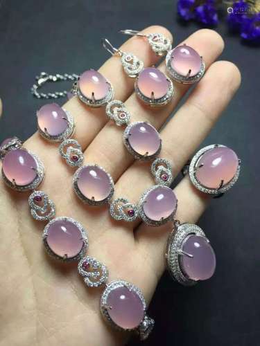 Set of Silver Purple Stone Ring, Earrings and Bracelet,