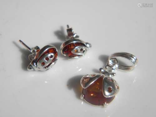 Set of Silver Amber Earrings and Pendant