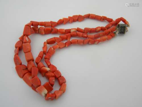 Antique Chinese Export Red Coral Necklace Double String