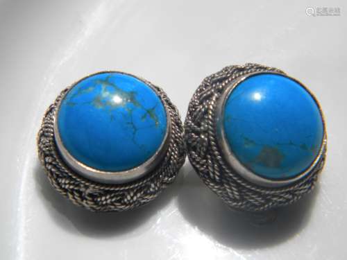 Pair of Natural Blue Turquoise Earrings Marked 925