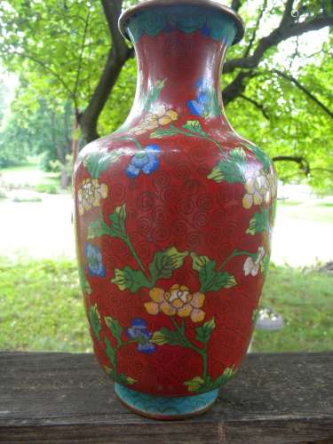 Antique Chinese Cloisonne Red Vase Marked China