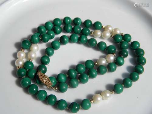 14K Gold Bead Pearl and Malachite Necklace