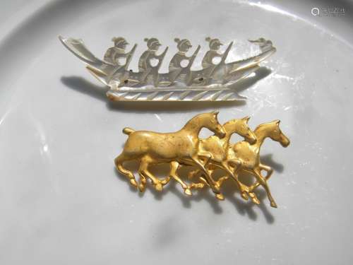Carved Mother-of-Pearl Brooch Pin and Horse Pin