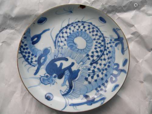 Antique Blue and White Dragon Plate