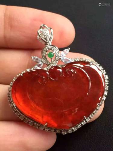 18K Gold Diamond Natural Red Jadeite Heart Pendant
