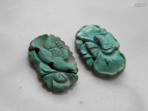 Pair of Antique Chinese Carved Turquoise Flower Pendant