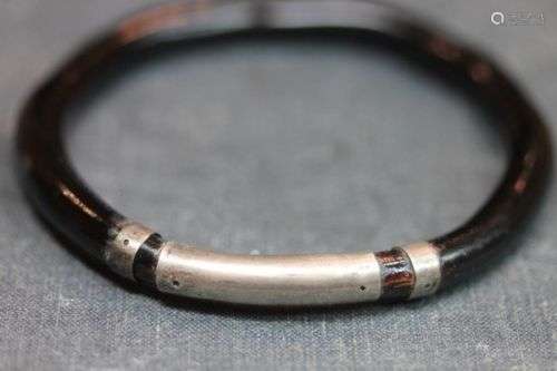 ANTIQUE CHINESE SILVER RATTAN WOOD BANGLE BRACELET