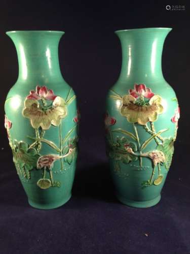 PAIR OF ANTIQUE CHINESE GREEN LOTUS VASES