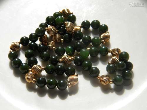 Antique Chinese Nephrite Green Bead 14K Gold Necklace