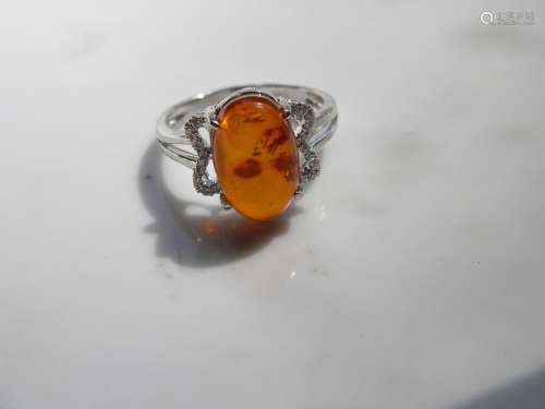 Natural Amber Silver Ring