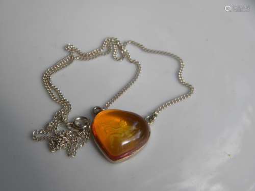 Natural Baltic Amber Silver Heart Shape Pendant and